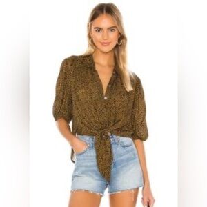 Free People Celia leopard top XS womens relaxed fit short sleeve button down tie